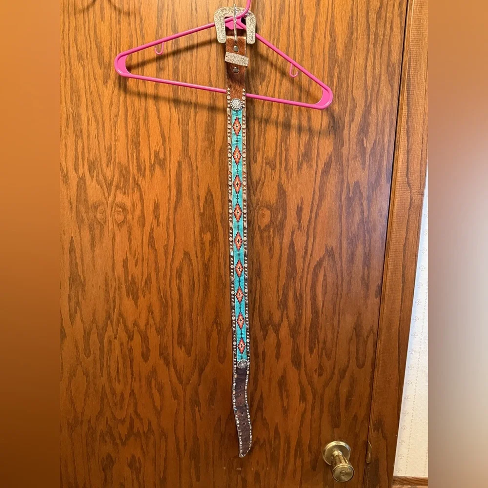 Turquoise and Brown Beaded & Hair on Hide Belt